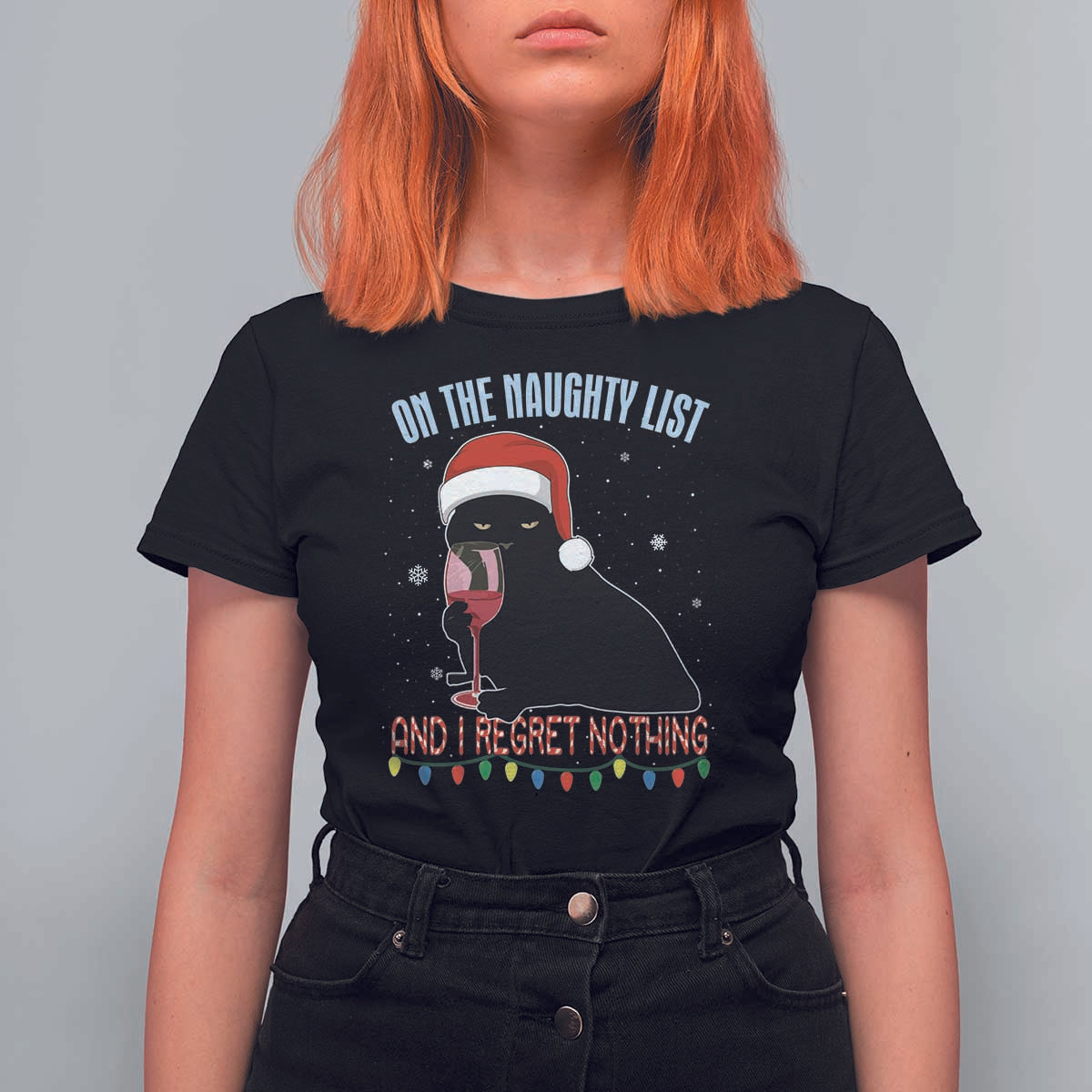 Funny Christmas Black Cat T Shirt For Women On The Naughty List And I Regret Nothing Candy Cane - Wonder Print Shop