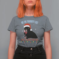 Funny Christmas Black Cat T Shirt For Women On The Naughty List And I Regret Nothing Candy Cane - Wonder Print Shop