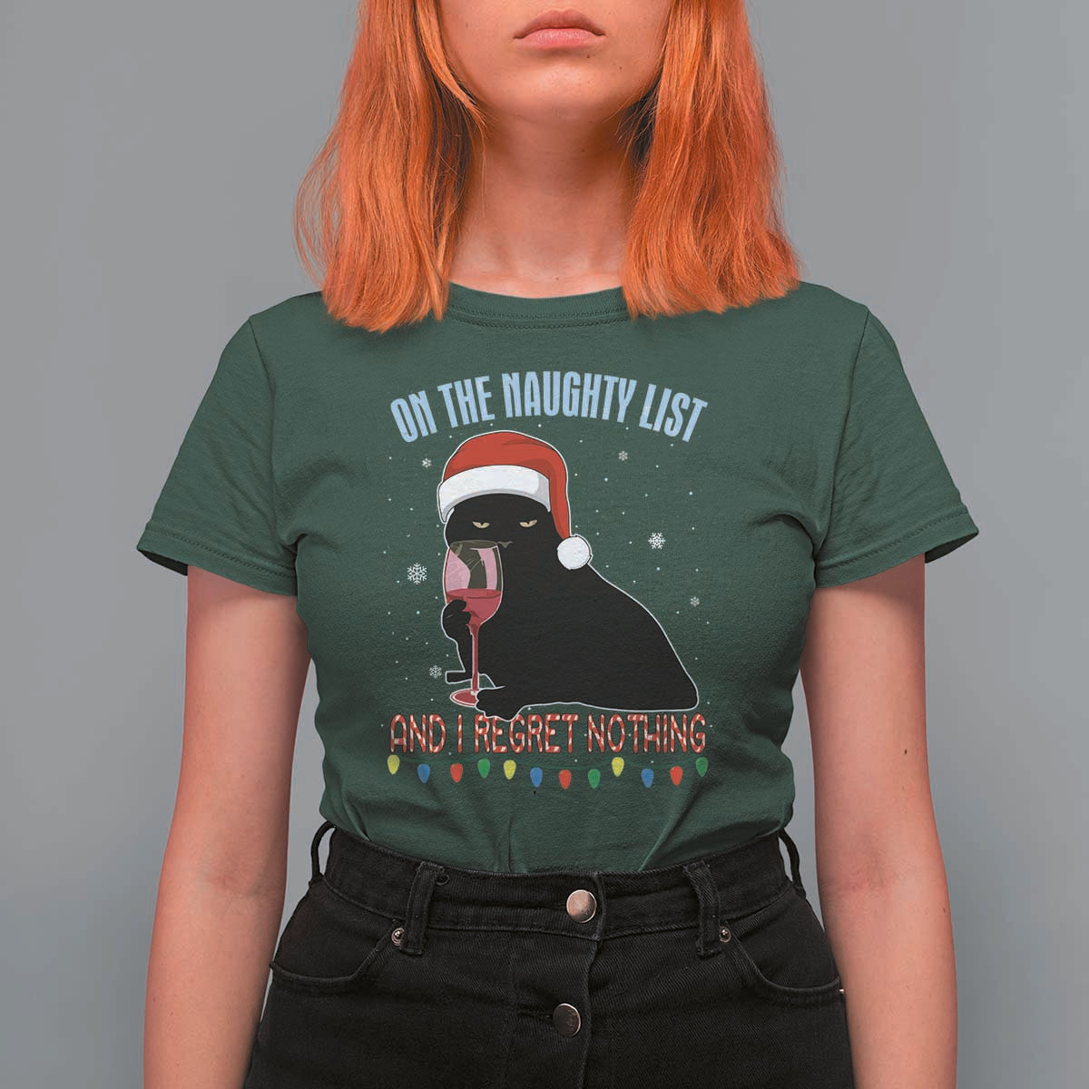 Funny Christmas Black Cat T Shirt For Women On The Naughty List And I Regret Nothing Candy Cane - Wonder Print Shop