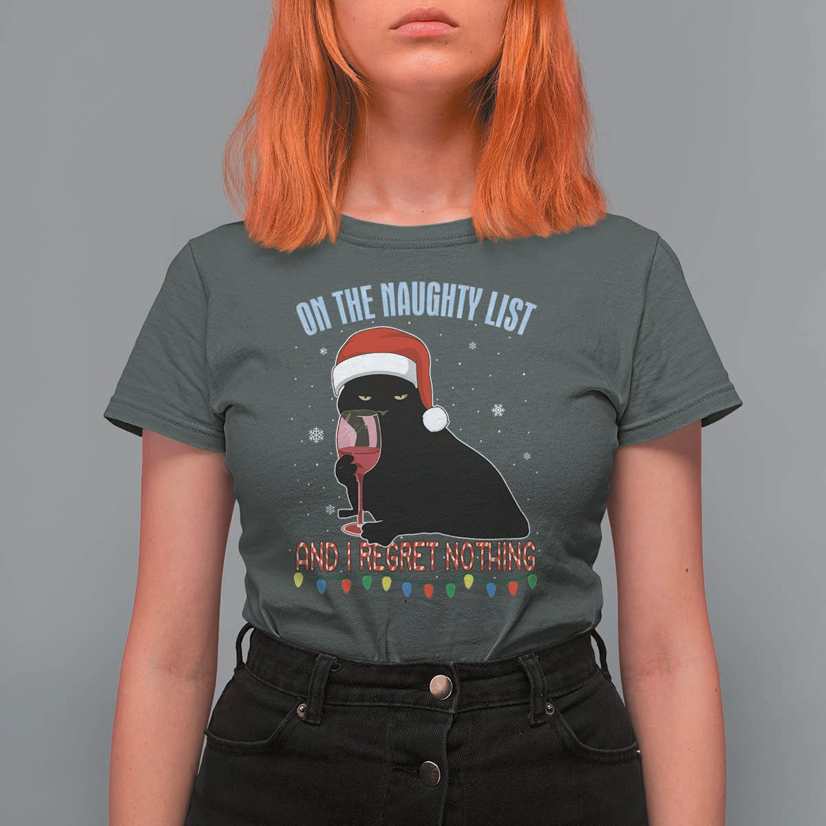 Funny Christmas Black Cat T Shirt For Women On The Naughty List And I Regret Nothing Candy Cane - Wonder Print Shop