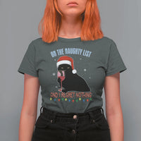 Funny Christmas Black Cat T Shirt For Women On The Naughty List And I Regret Nothing Candy Cane - Wonder Print Shop