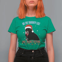 Funny Christmas Black Cat T Shirt For Women On The Naughty List And I Regret Nothing Candy Cane - Wonder Print Shop