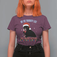 Funny Christmas Black Cat T Shirt For Women On The Naughty List And I Regret Nothing Candy Cane - Wonder Print Shop