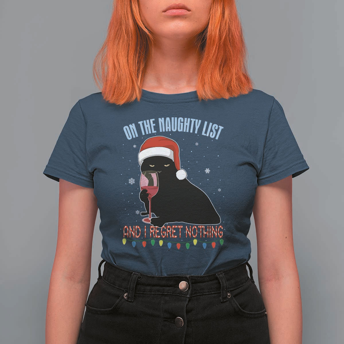 Funny Christmas Black Cat T Shirt For Women On The Naughty List And I Regret Nothing Candy Cane - Wonder Print Shop