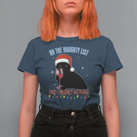 Funny Christmas Black Cat T Shirt For Women On The Naughty List And I Regret Nothing Candy Cane - Wonder Print Shop