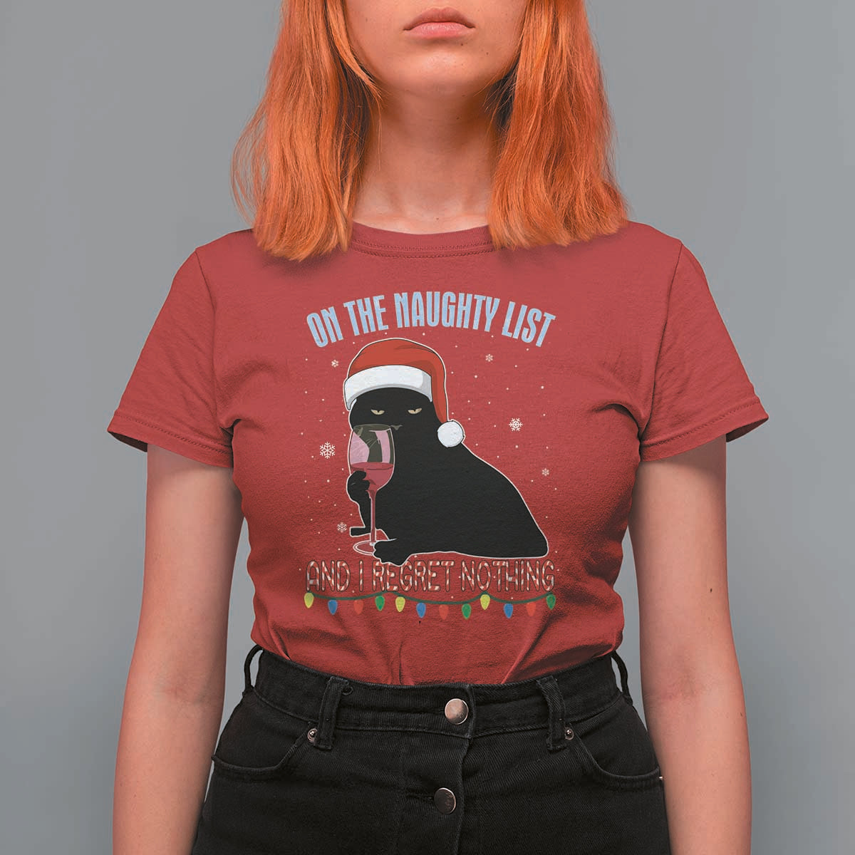 Funny Christmas Black Cat T Shirt For Women On The Naughty List And I Regret Nothing Candy Cane - Wonder Print Shop