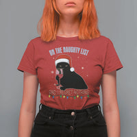 Funny Christmas Black Cat T Shirt For Women On The Naughty List And I Regret Nothing Candy Cane - Wonder Print Shop
