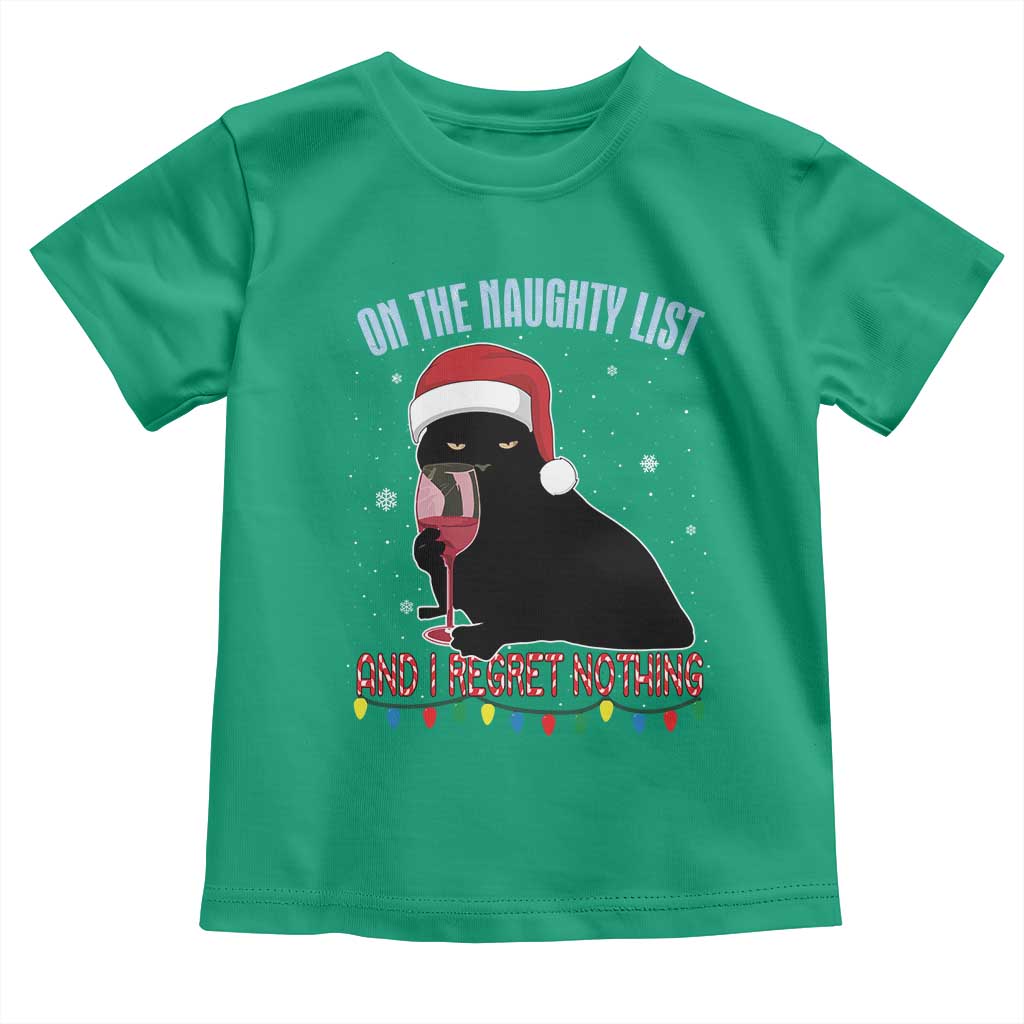Funny Christmas Black Cat Toddler T Shirt On The Naughty List And I Regret Nothing Candy Cane