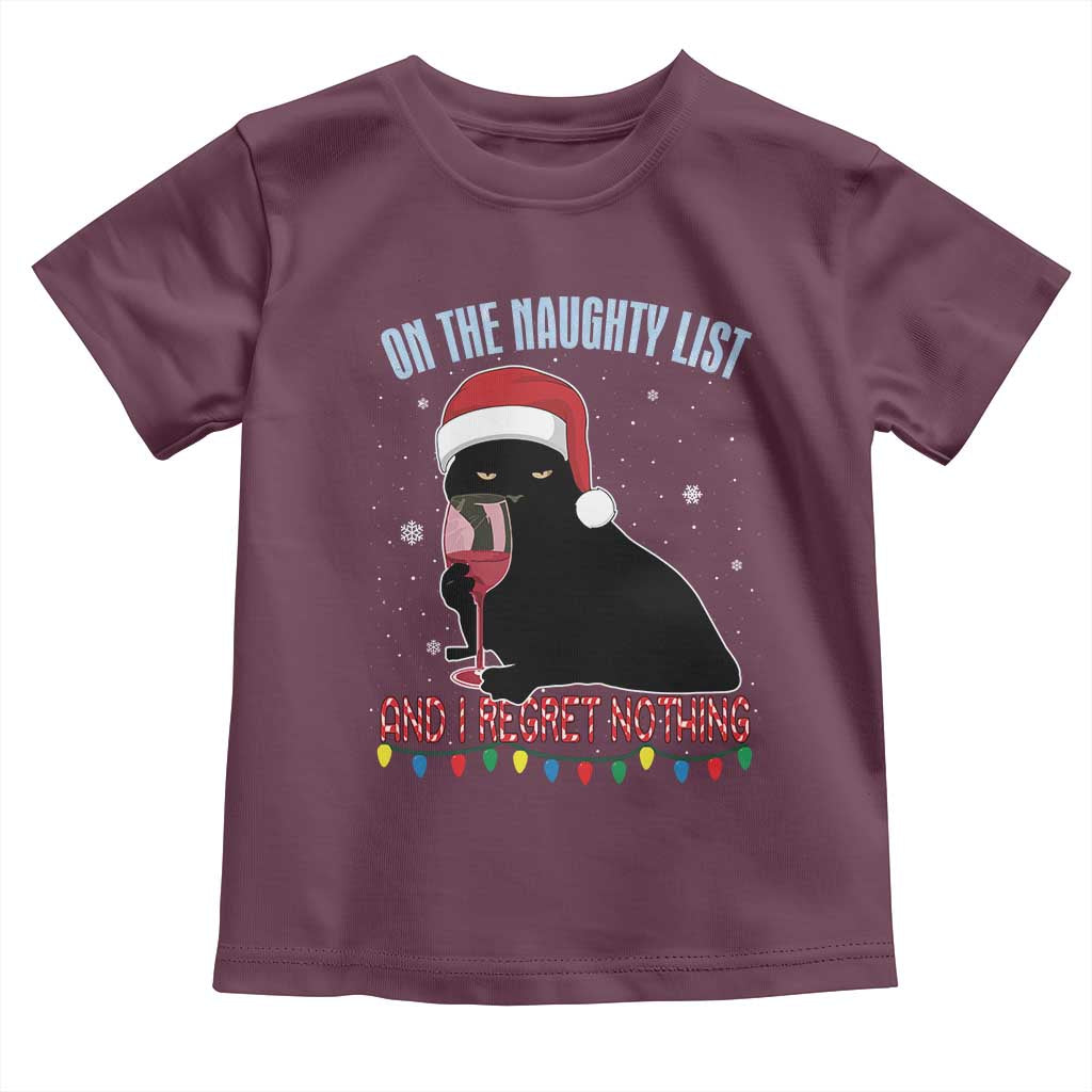 Funny Christmas Black Cat Toddler T Shirt On The Naughty List And I Regret Nothing Candy Cane