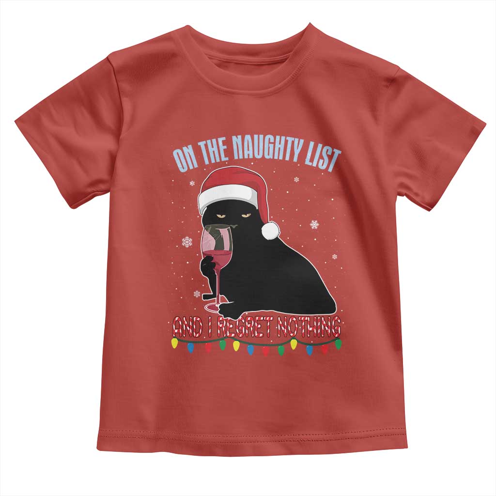 Funny Christmas Black Cat Toddler T Shirt On The Naughty List And I Regret Nothing Candy Cane
