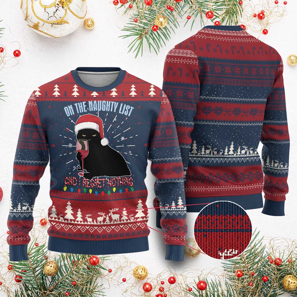 Funny Xmas Black Cat Ugly Christmas Sweater On The Naughty List And I Regret Nothing Candy Cane - Wonder Print Shop