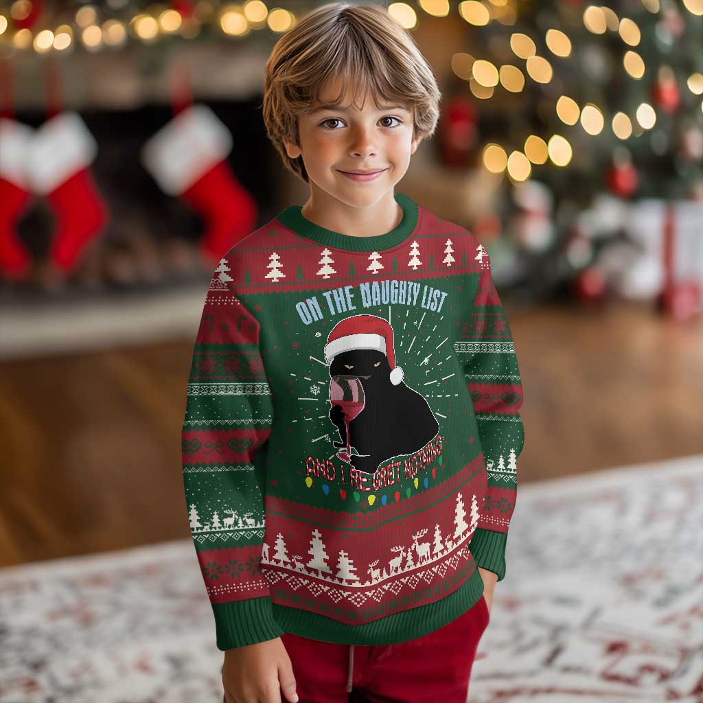 Funny Xmas Black Cat Ugly Christmas Sweater On The Naughty List And I Regret Nothing Candy Cane - Wonder Print Shop