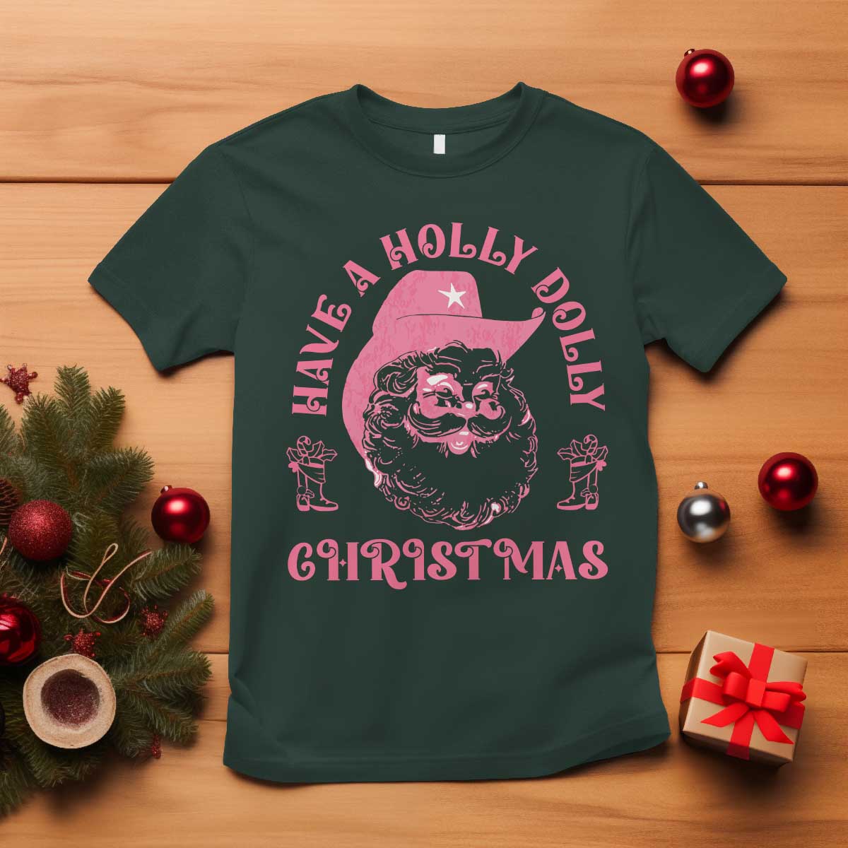 Western Xmas T Shirt Have A Holly Dolly Christmas Cowboy Santa - Wonder Print Shop