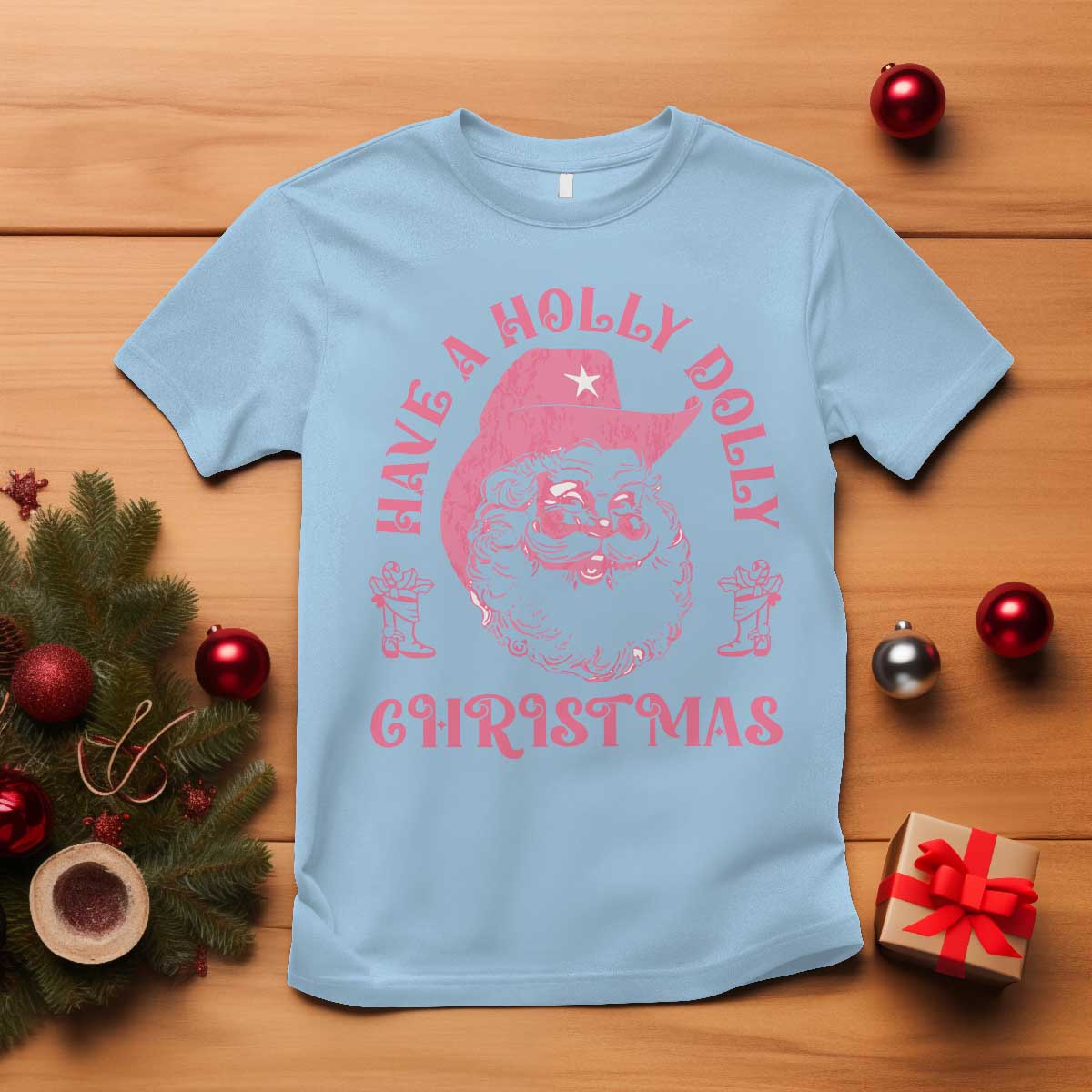 Western Xmas T Shirt Have A Holly Dolly Christmas Cowboy Santa - Wonder Print Shop
