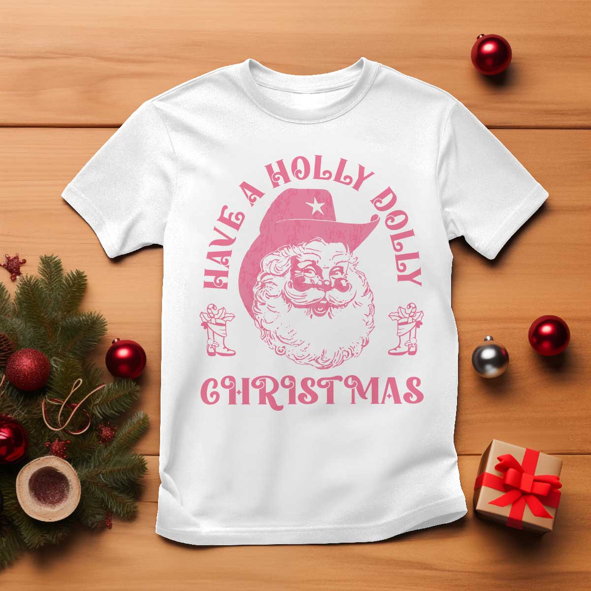 Western Xmas T Shirt Have A Holly Dolly Christmas Cowboy Santa - Wonder Print Shop
