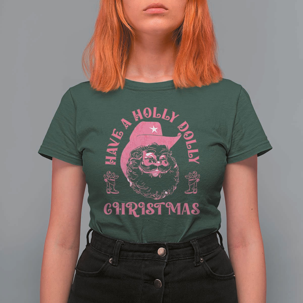 Western Xmas T Shirt For Women Have A Holly Dolly Christmas Cowboy Santa - Wonder Print Shop