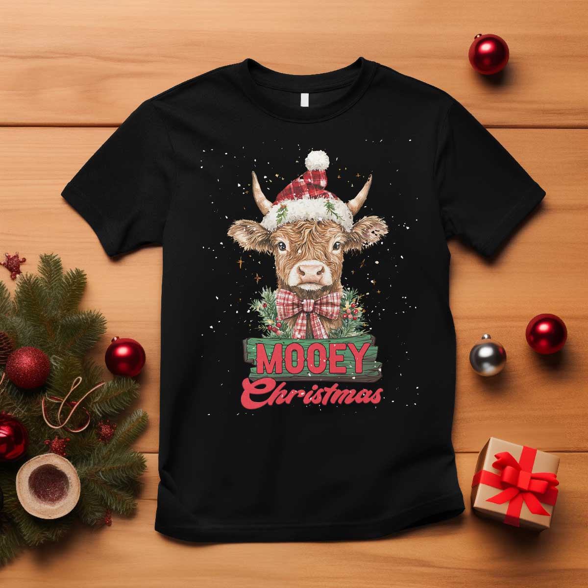 Funny Christmas Highland Cow T Shirt Mooey Christmas Western Cow Santa Hat - Wonder Print Shop