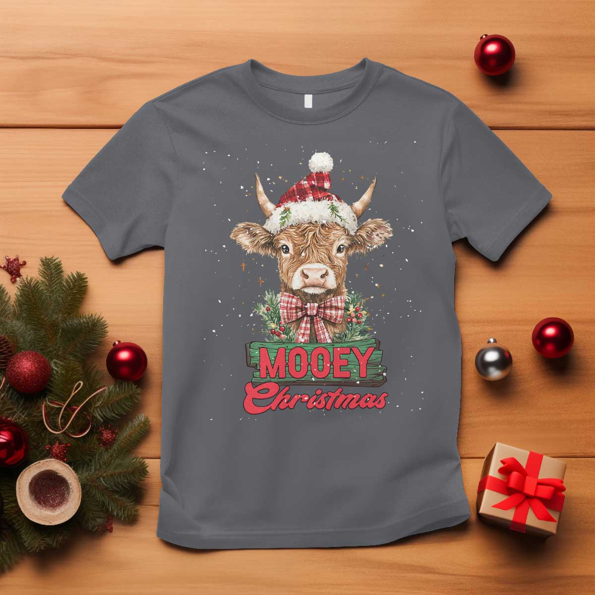 Funny Christmas Highland Cow T Shirt Mooey Christmas Western Cow Santa Hat - Wonder Print Shop