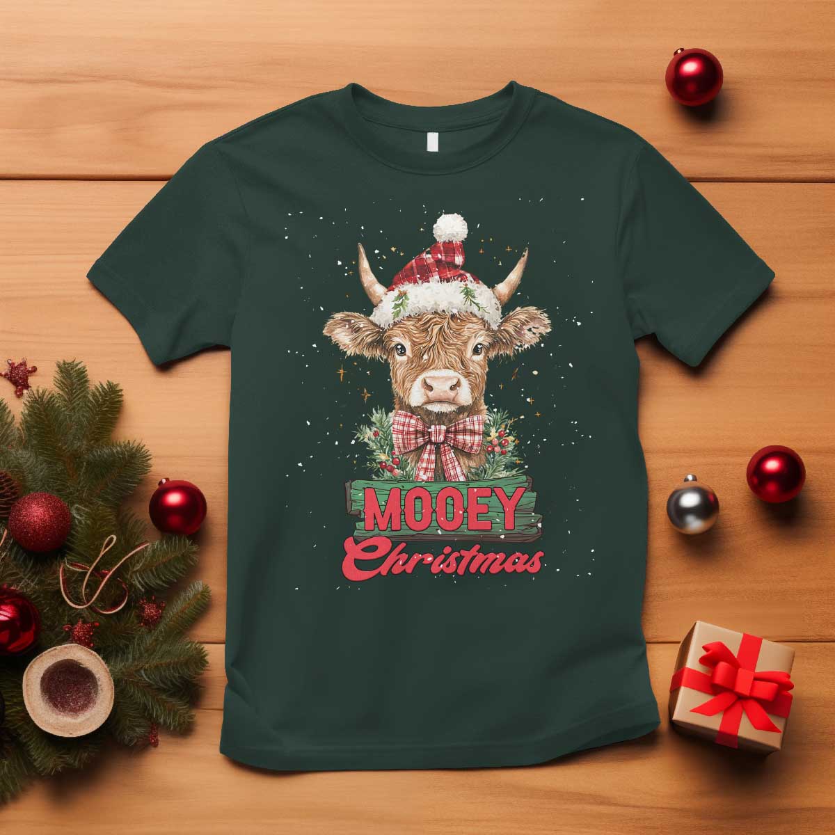 Funny Christmas Highland Cow T Shirt Mooey Christmas Western Cow Santa Hat - Wonder Print Shop