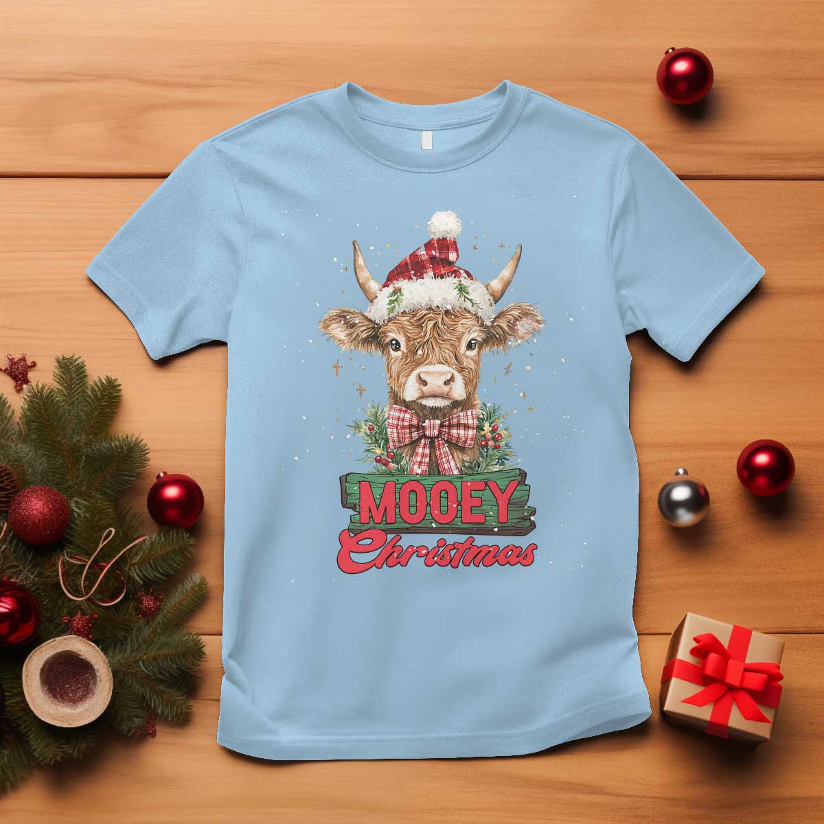 Funny Christmas Highland Cow T Shirt Mooey Christmas Western Cow Santa Hat - Wonder Print Shop