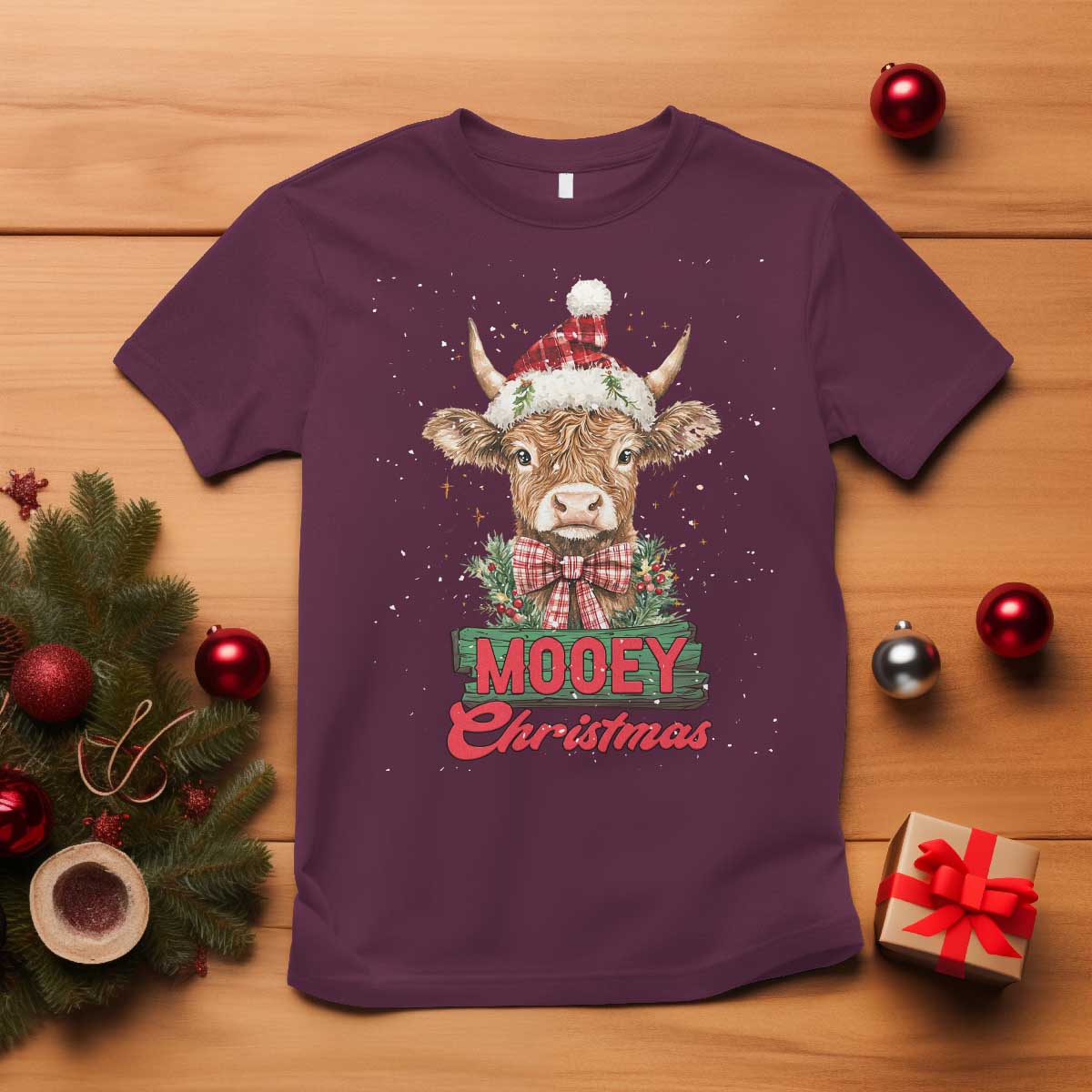 Funny Christmas Highland Cow T Shirt Mooey Christmas Western Cow Santa Hat - Wonder Print Shop