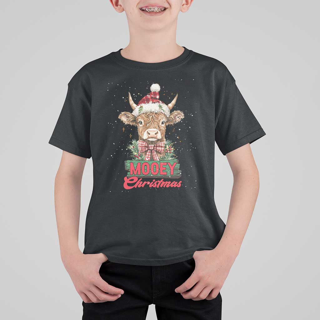 Funny Christmas Highland Cow T Shirt For Kid Mooey Christmas Western Cow Santa Hat - Wonder Print Shop