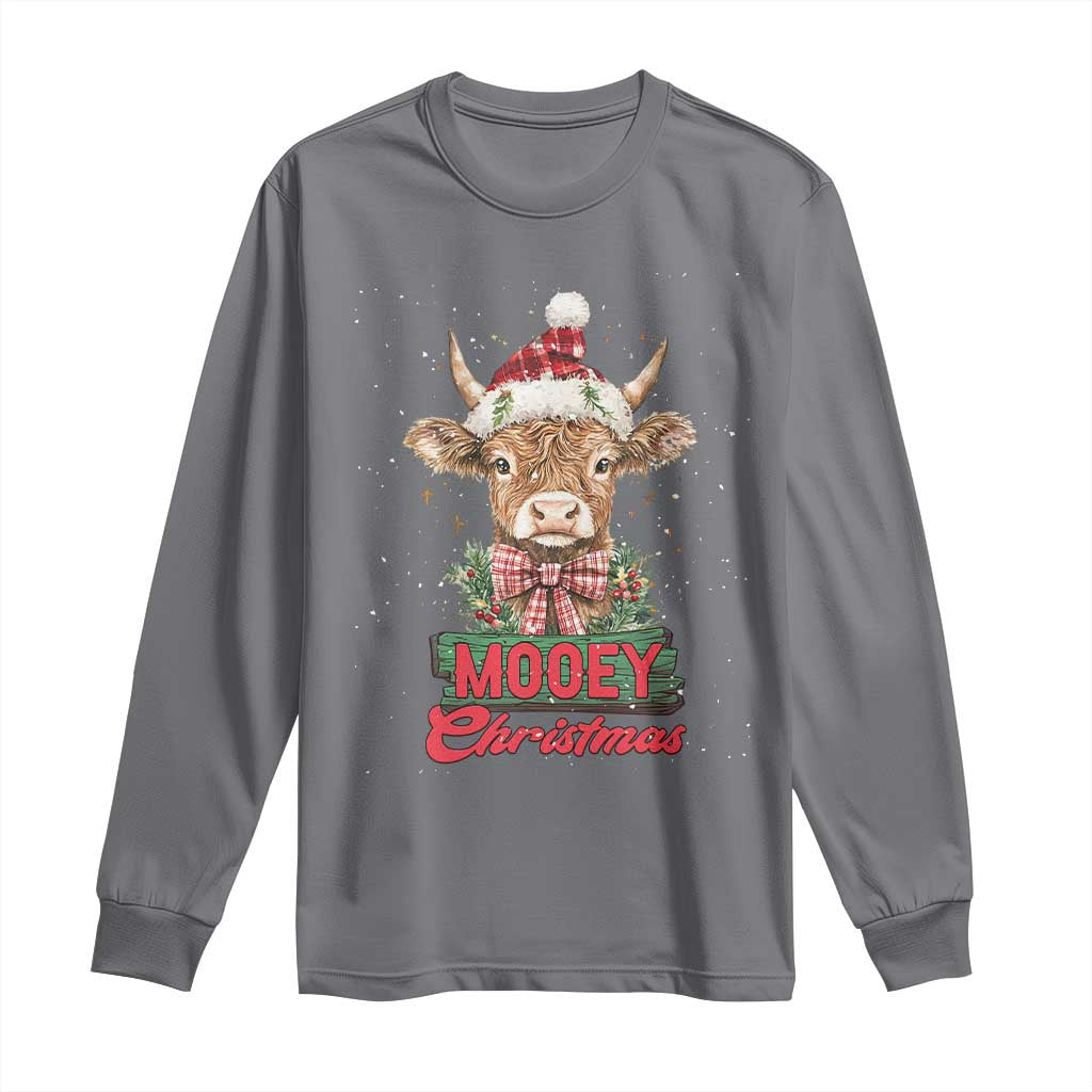 Funny Christmas Highland Cow Long Sleeve Shirt Mooey Christmas Western Cow Santa Hat