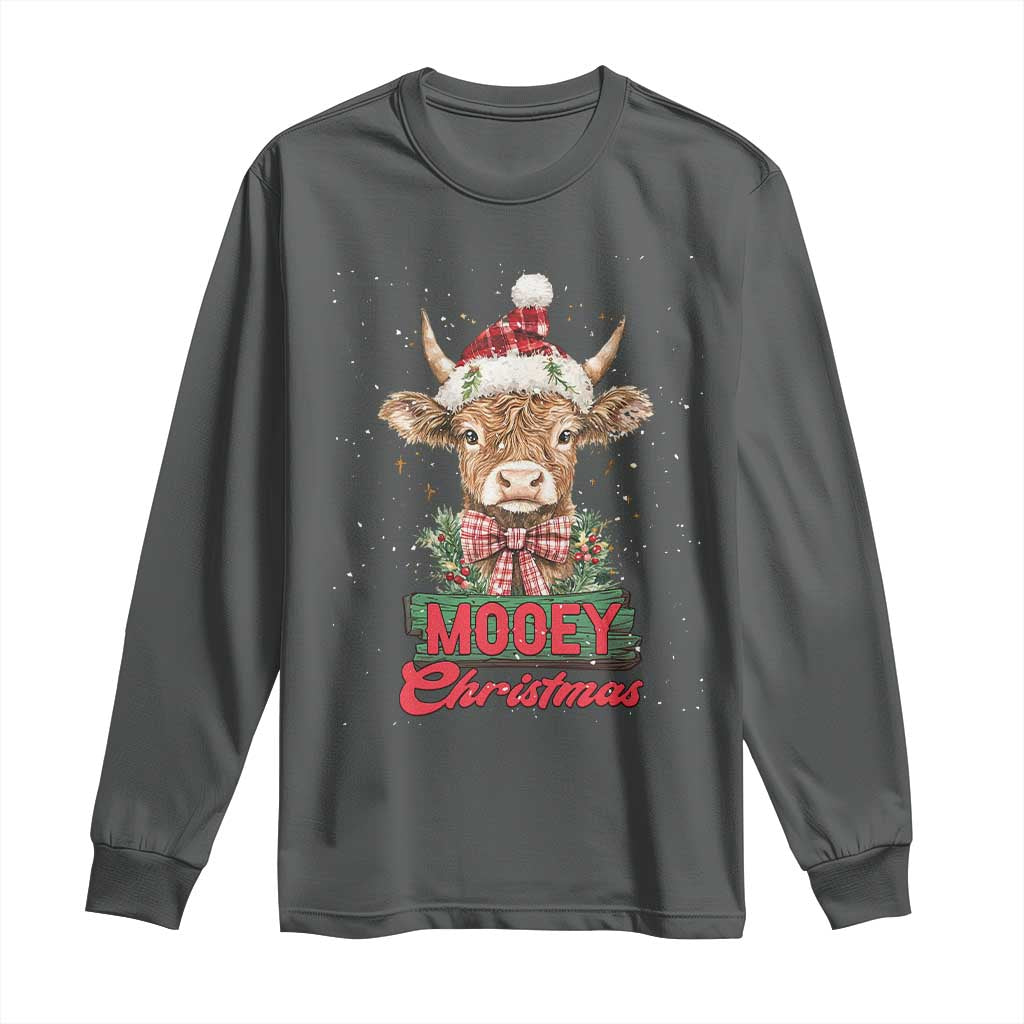 Funny Christmas Highland Cow Long Sleeve Shirt Mooey Christmas Western Cow Santa Hat