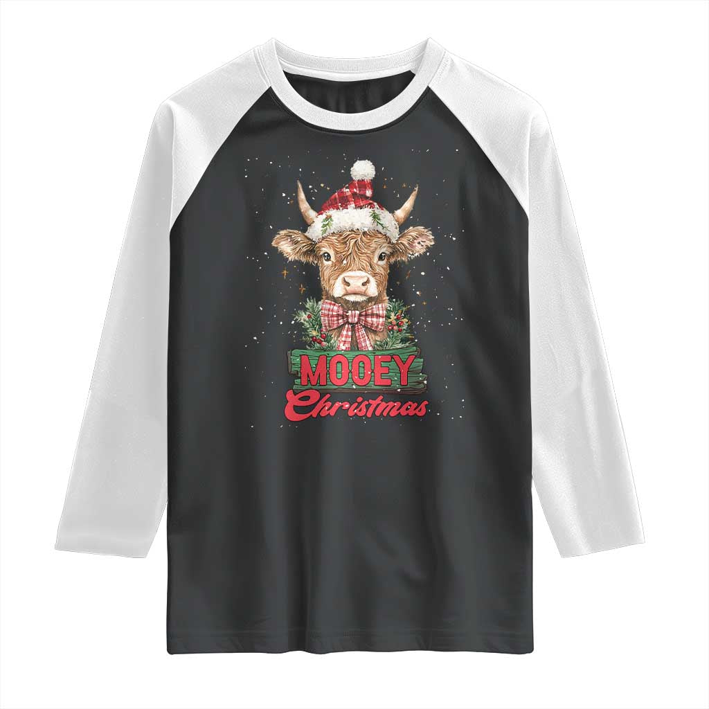 Funny Christmas Highland Cow Raglan Shirt Mooey Christmas Western Cow Santa Hat - Wonder Print Shop