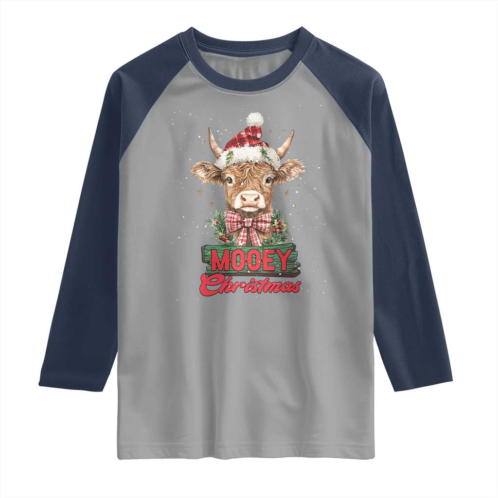 Funny Christmas Highland Cow Raglan Shirt Mooey Christmas Western Cow Santa Hat - Wonder Print Shop