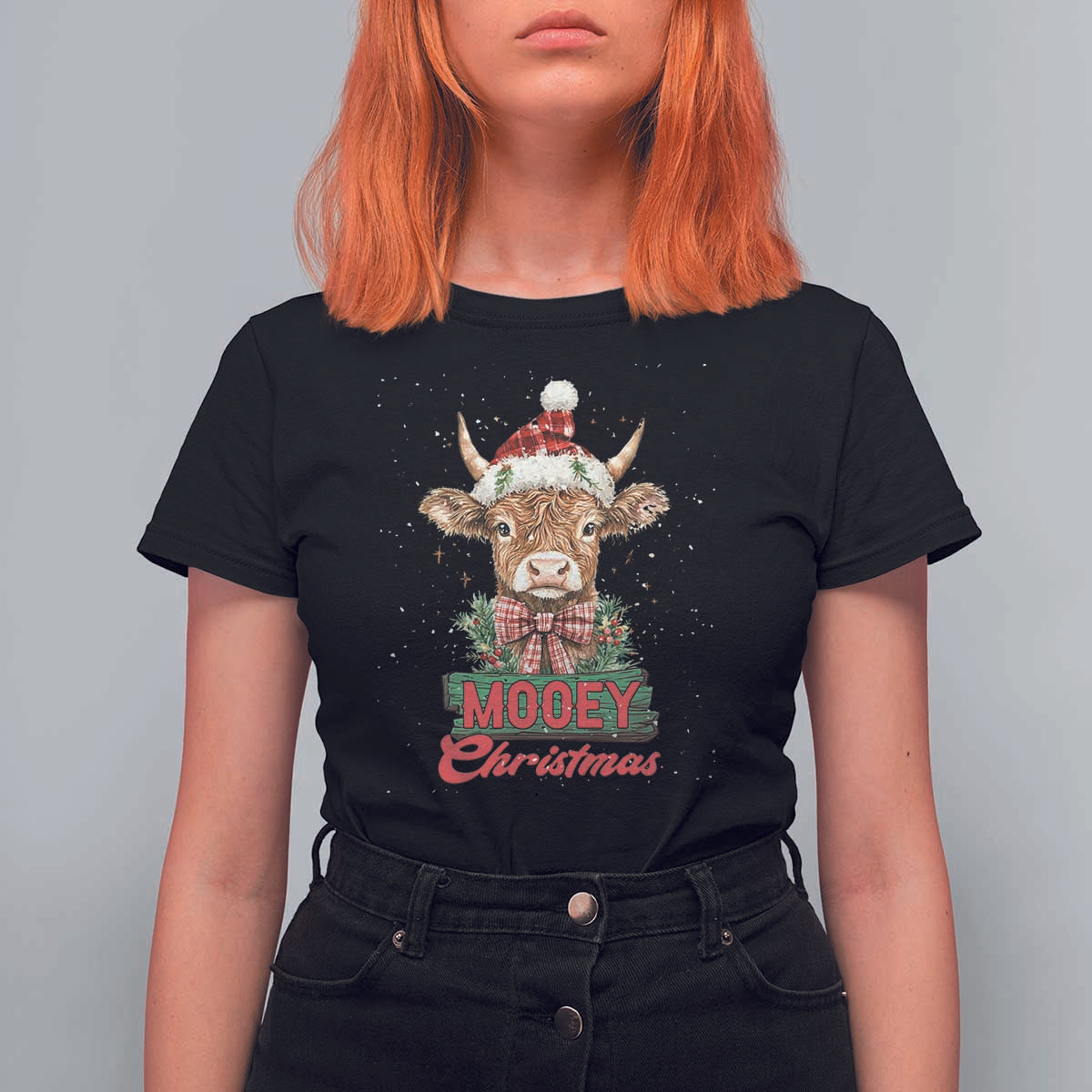 Funny Christmas Highland Cow T Shirt For Women Mooey Christmas Western Cow Santa Hat - Wonder Print Shop