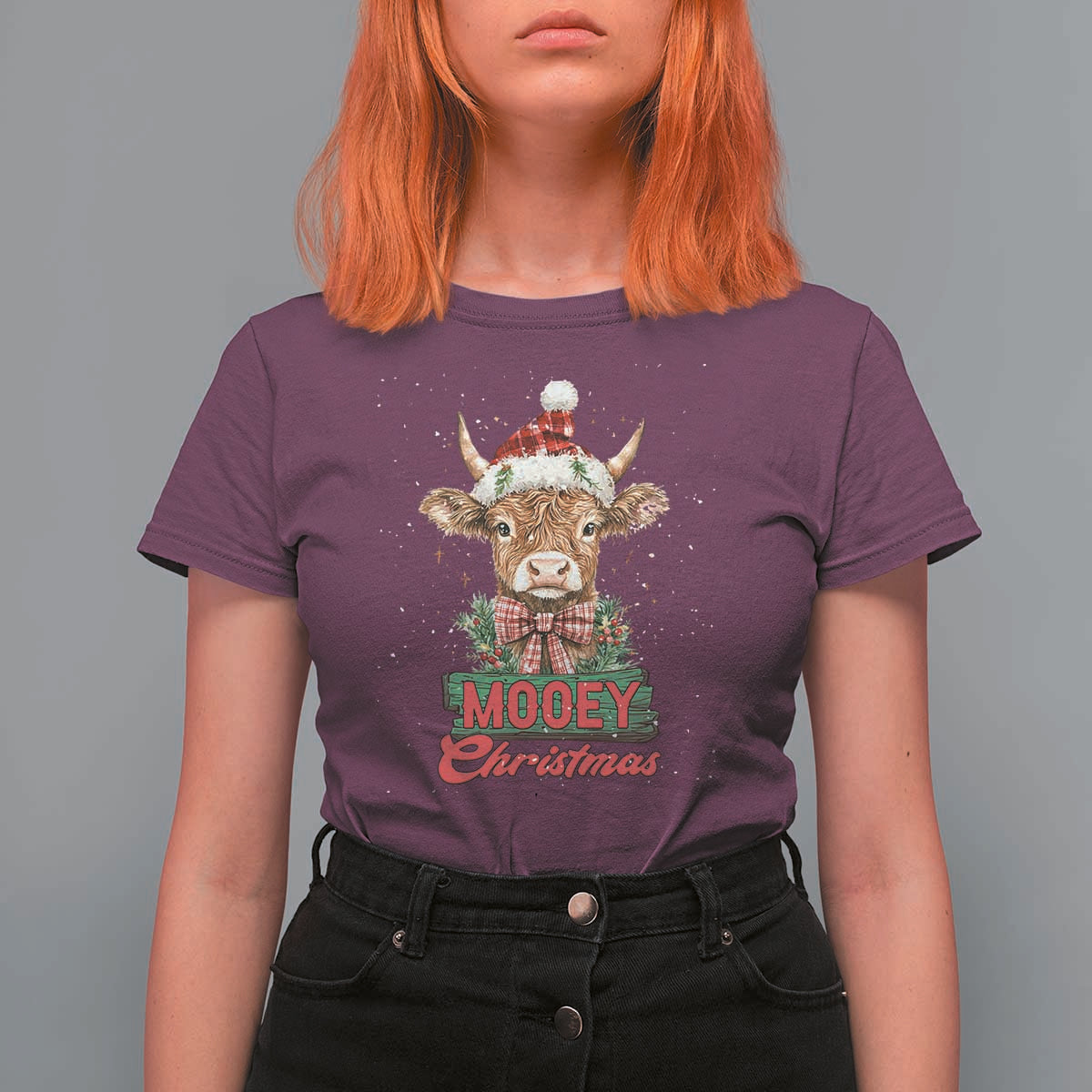 Funny Christmas Highland Cow T Shirt For Women Mooey Christmas Western Cow Santa Hat - Wonder Print Shop