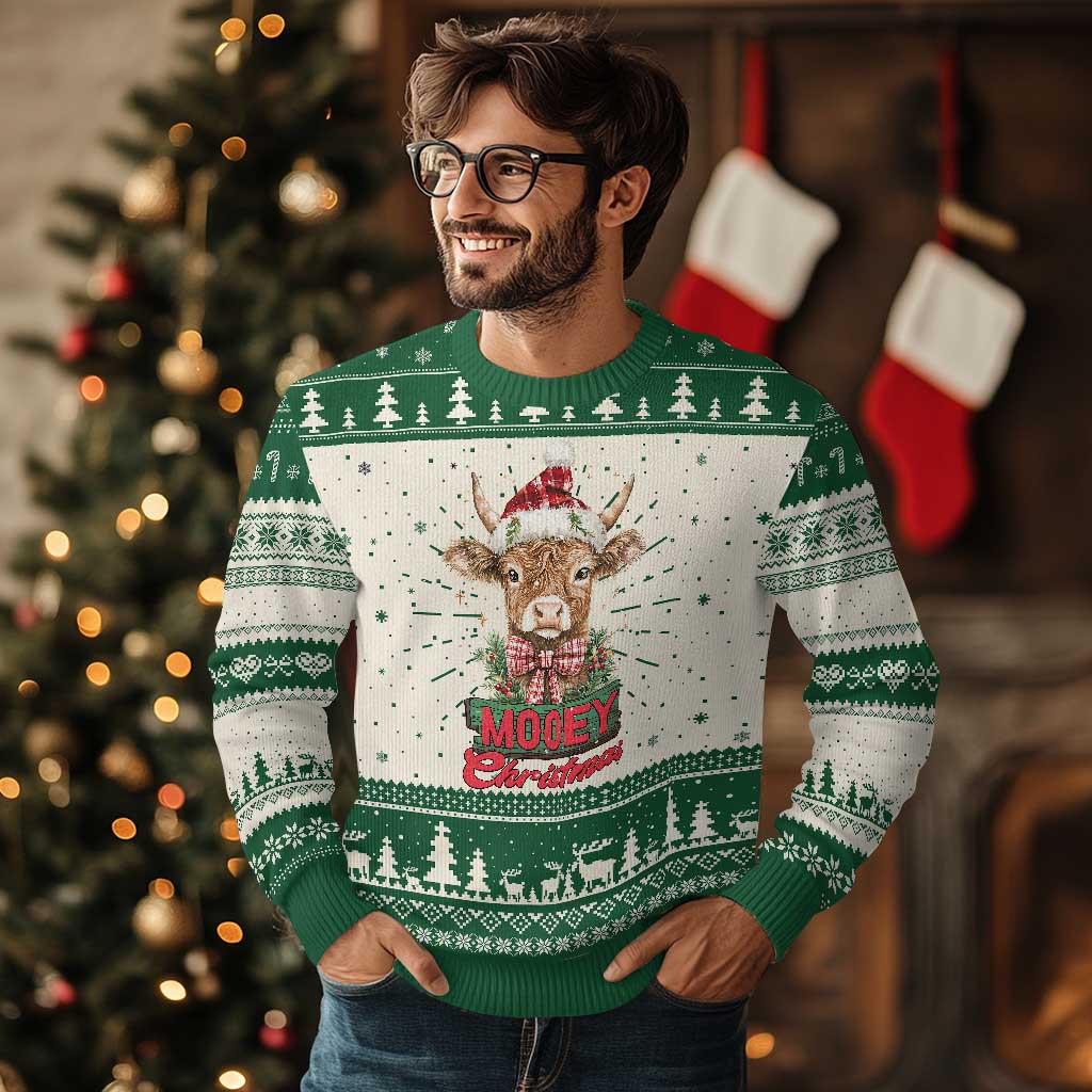 Funny Xmas Highland Cow Ugly Christmas Sweater Mooey Xmas Western Cow Santa Hat - Wonder Print Shop