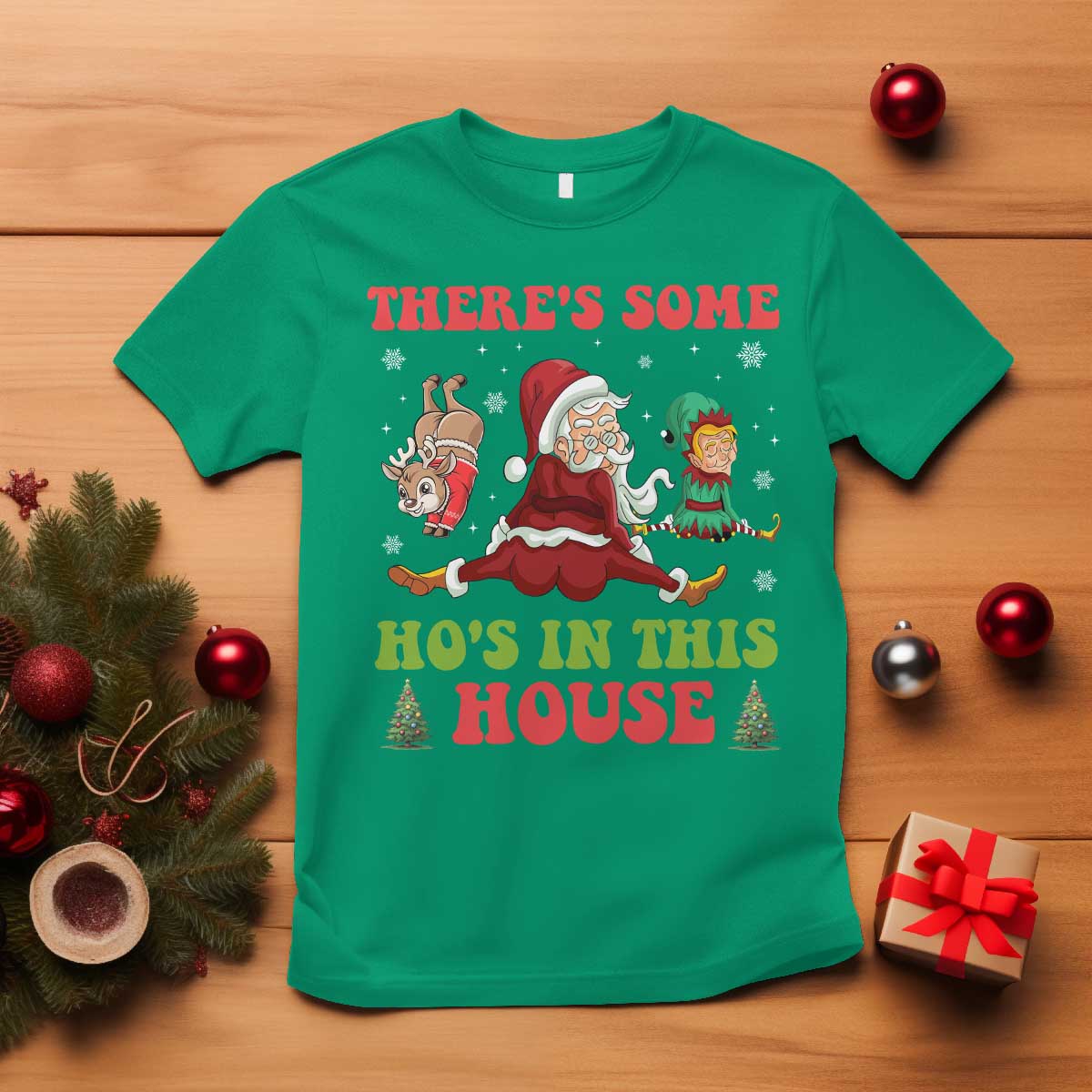 Funny Christmas Naughty Santa T Shirt There's Some Ho's In This House Elf Reindeers - Wonder Print Shop