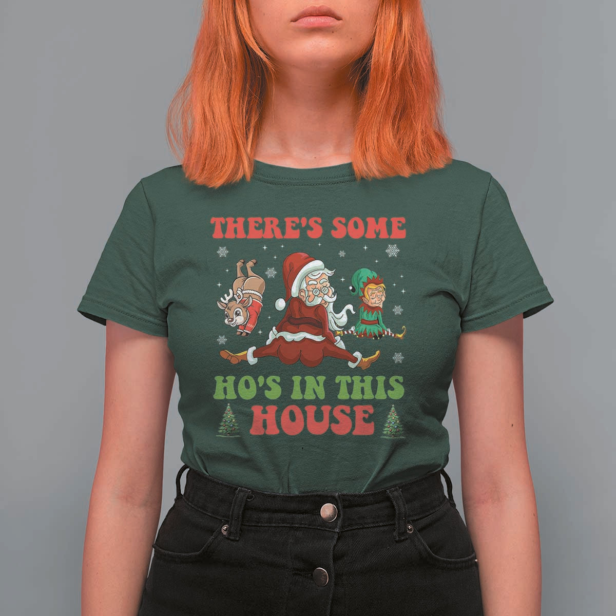 Funny Christmas Naughty Santa T Shirt For Women There's Some Ho's In This House Elf Reindeers - Wonder Print Shop