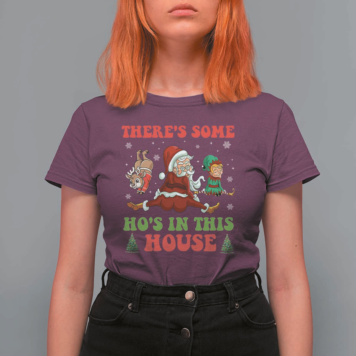 Funny Christmas Naughty Santa T Shirt For Women There's Some Ho's In This House Elf Reindeers - Wonder Print Shop