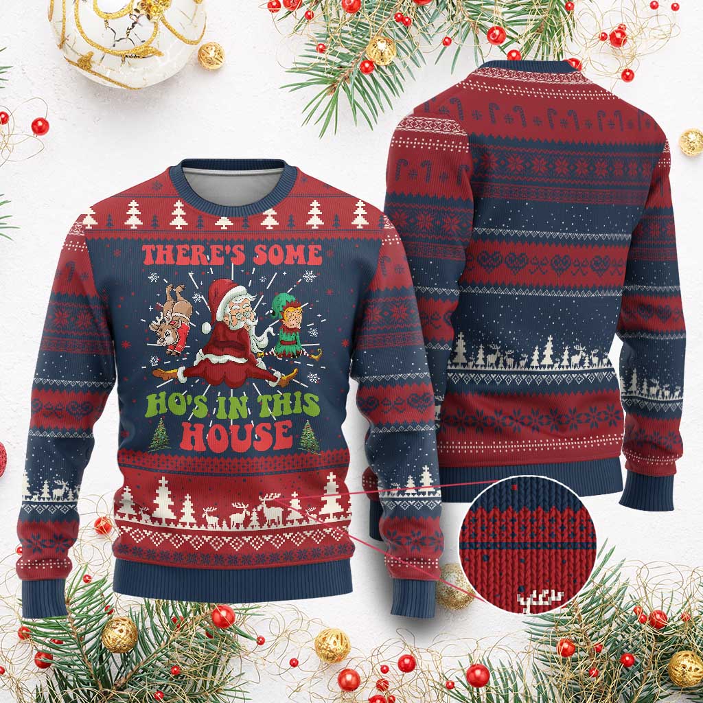 Funny Xmas Naughty Santa Ugly Christmas Sweater There's Some Ho's In This House Elf Reindeers - Wonder Print Shop