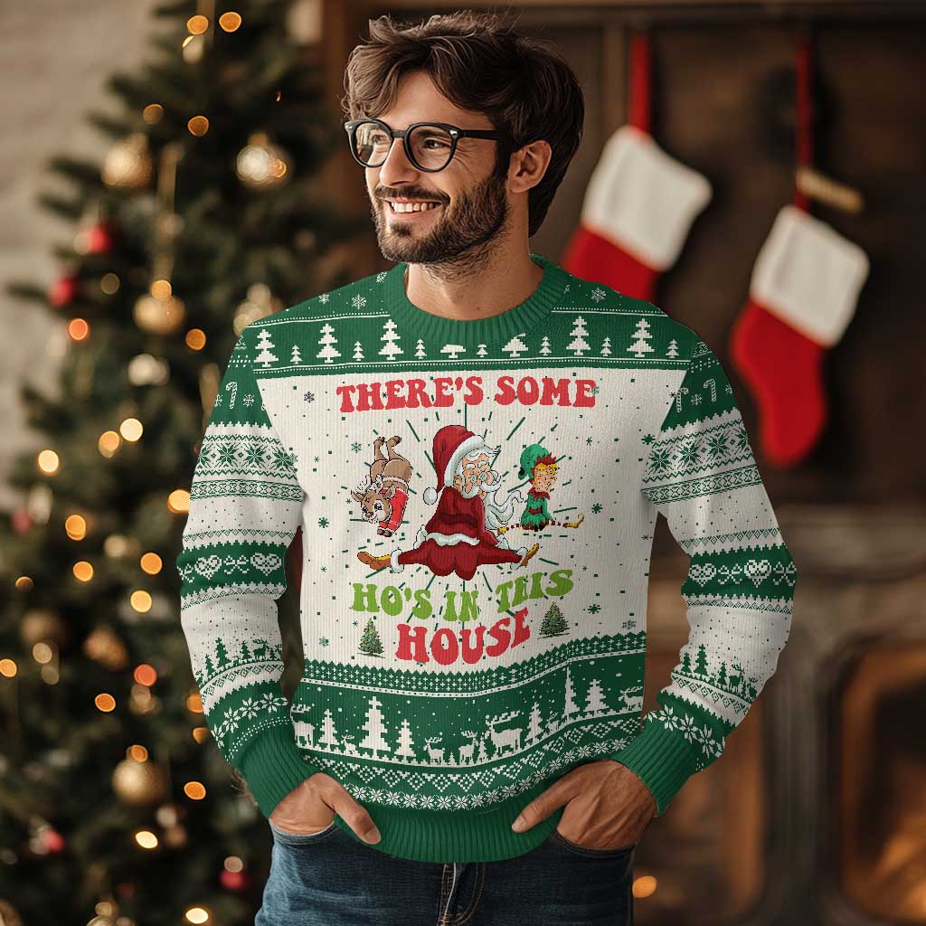Funny Xmas Naughty Santa Ugly Christmas Sweater There's Some Ho's In This House Elf Reindeers - Wonder Print Shop