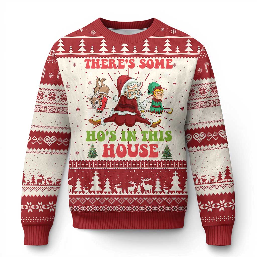 Funny Xmas Naughty Santa Ugly Christmas Sweater There's Some Ho's In This House Elf Reindeers - Wonder Print Shop