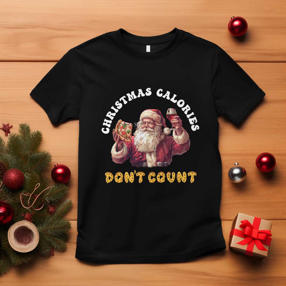 Funny Christmas Santa T Shirt Xmas Calories Don't Count Pizza Wine - Wonder Print Shop