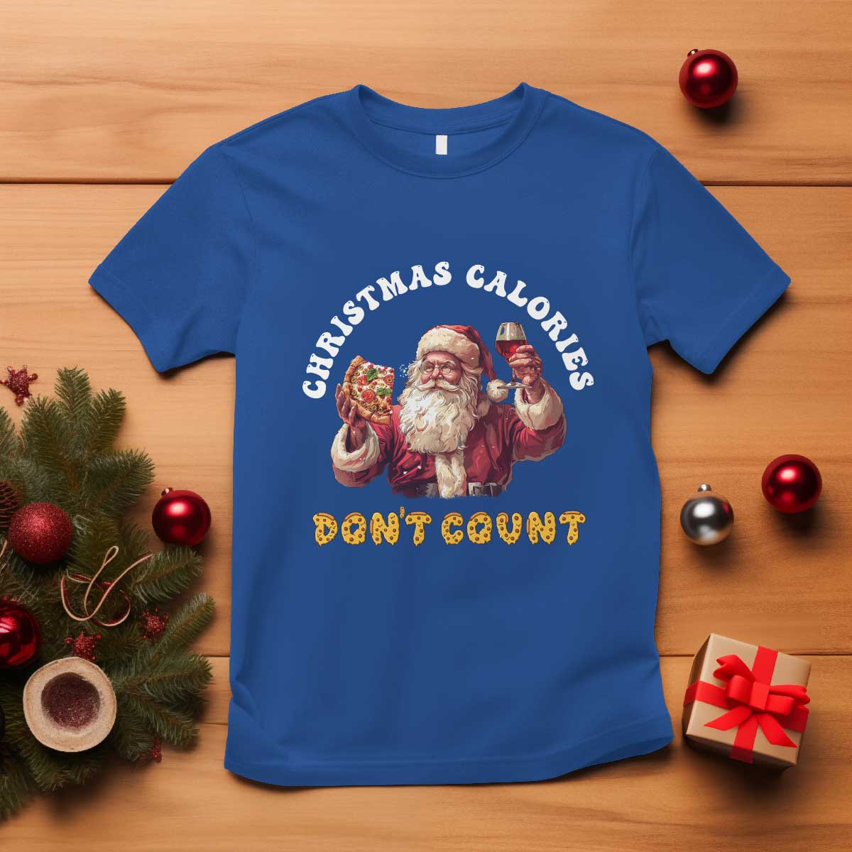 Funny Christmas Santa T Shirt Xmas Calories Don't Count Pizza Wine - Wonder Print Shop
