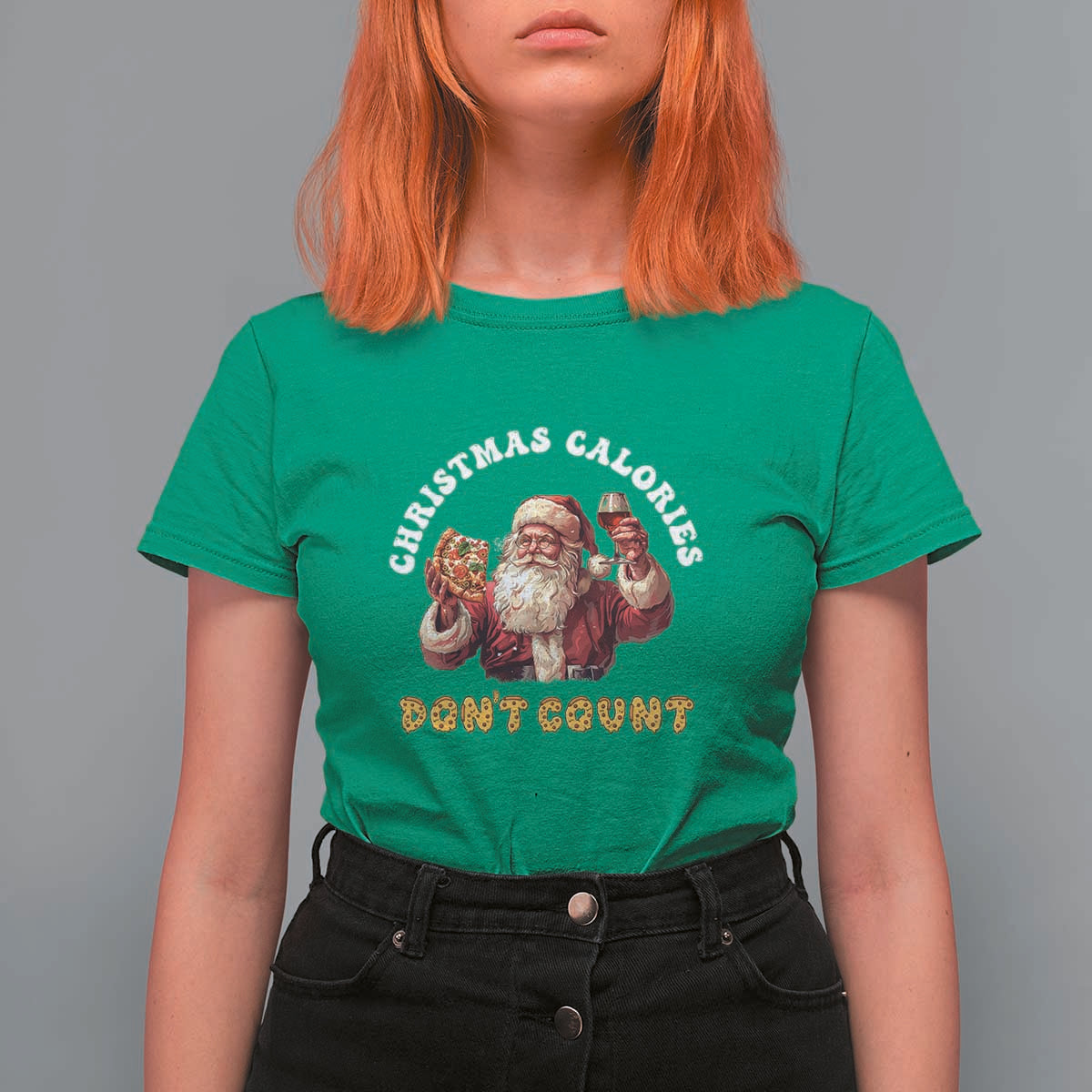Funny Christmas Santa T Shirt For Women Xmas Calories Don't Count Pizza Wine - Wonder Print Shop