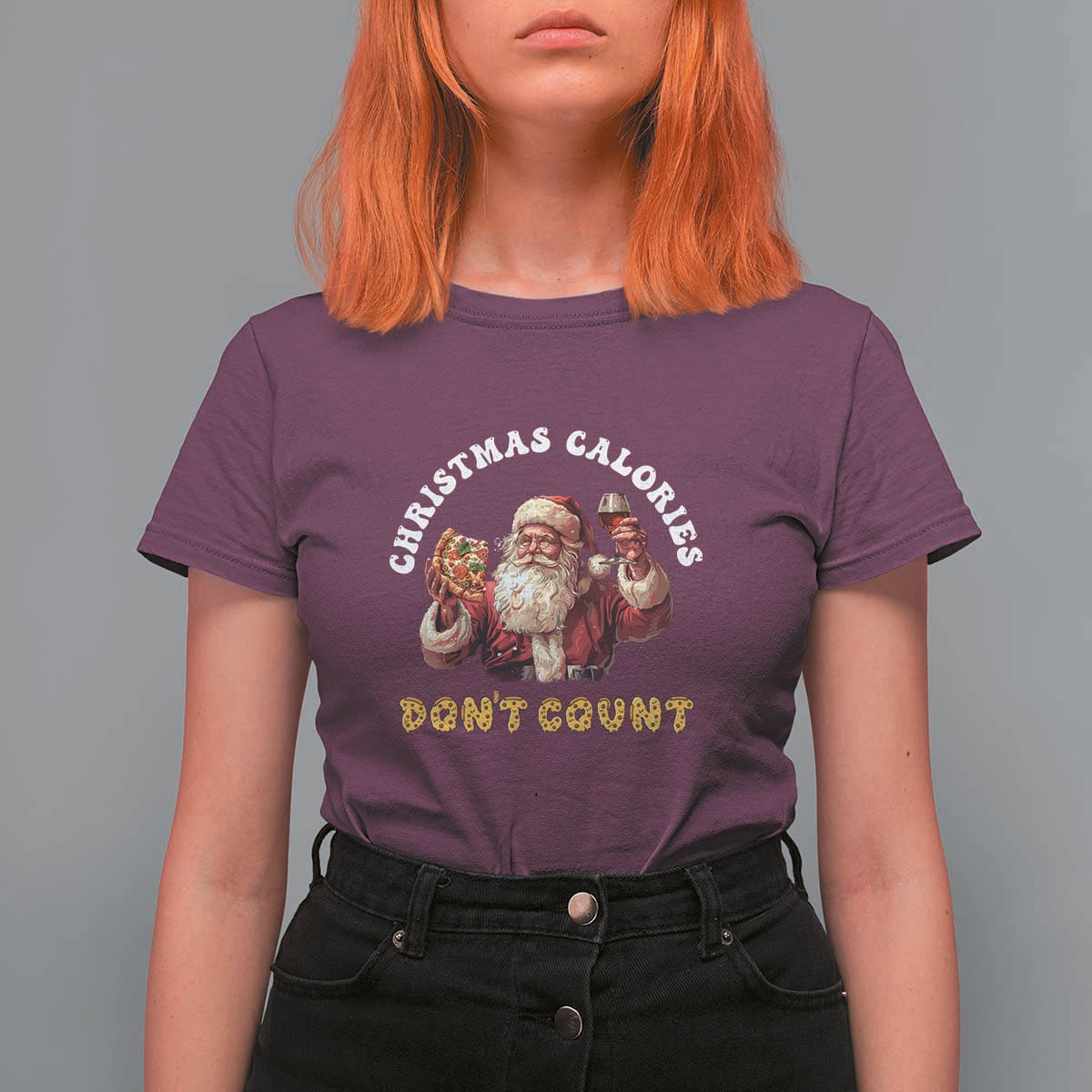 Funny Christmas Santa T Shirt For Women Xmas Calories Don't Count Pizza Wine - Wonder Print Shop