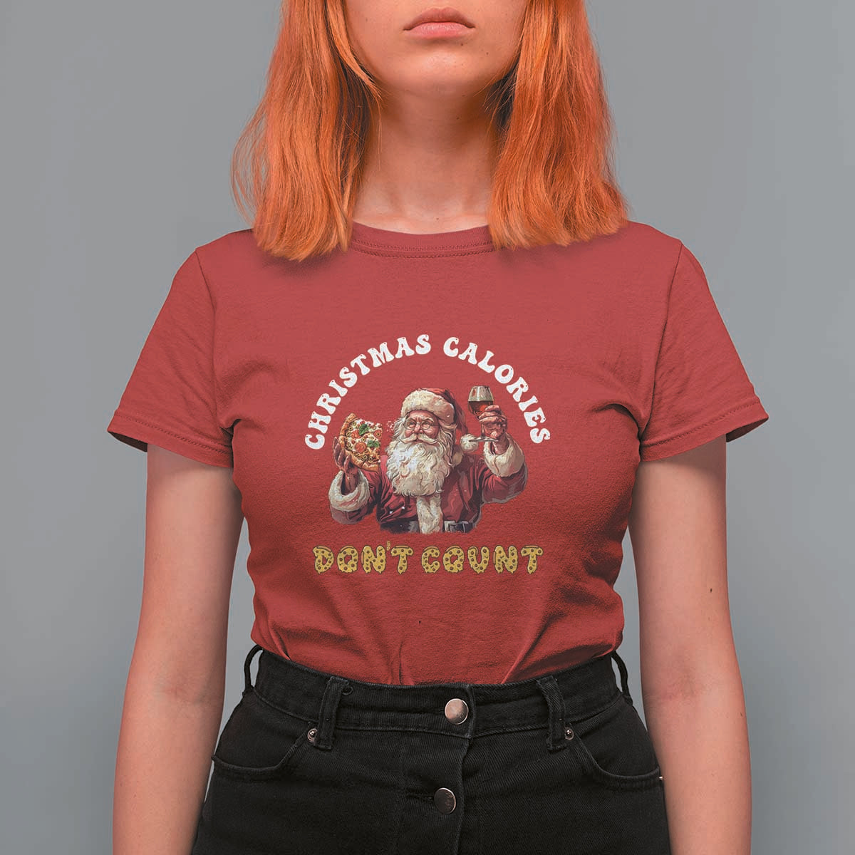 Funny Christmas Santa T Shirt For Women Xmas Calories Don't Count Pizza Wine - Wonder Print Shop