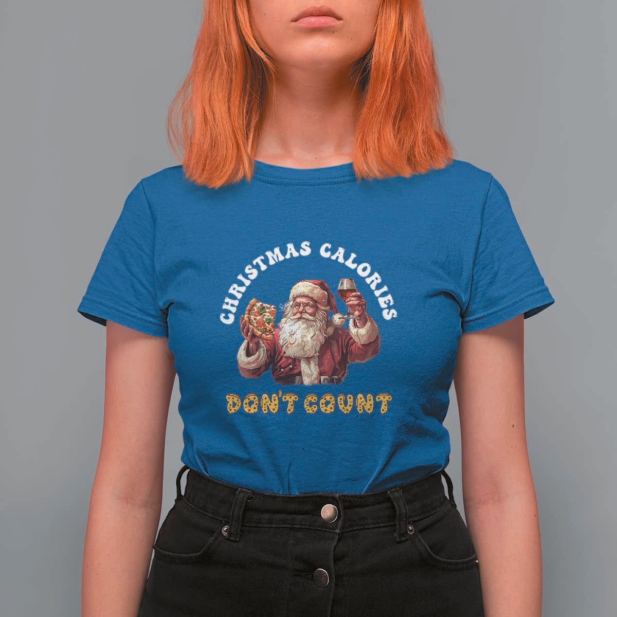 Funny Christmas Santa T Shirt For Women Xmas Calories Don't Count Pizza Wine - Wonder Print Shop