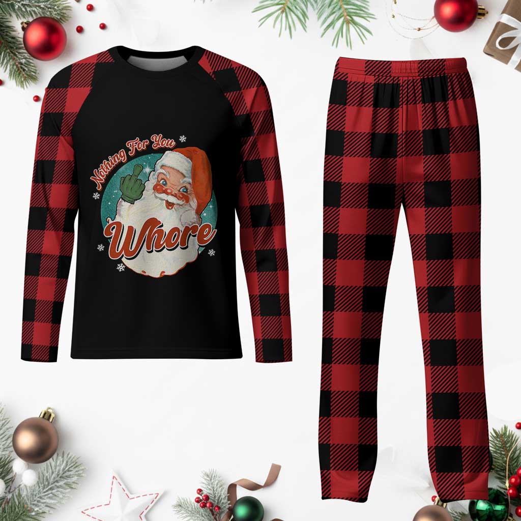 Funny Xmas Retro Santa Plaid Pajama Set Nothing For You Whore Middle Finger - Wonder Print Shop
