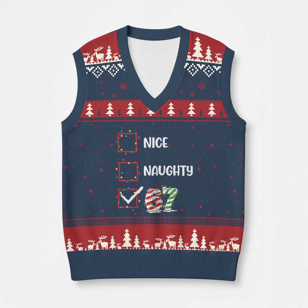 Funny Nice Naughty 67 V-Neck Knit Sweater Vest Xmas Six Seven Meme Brainrot - Wonder Print Shop