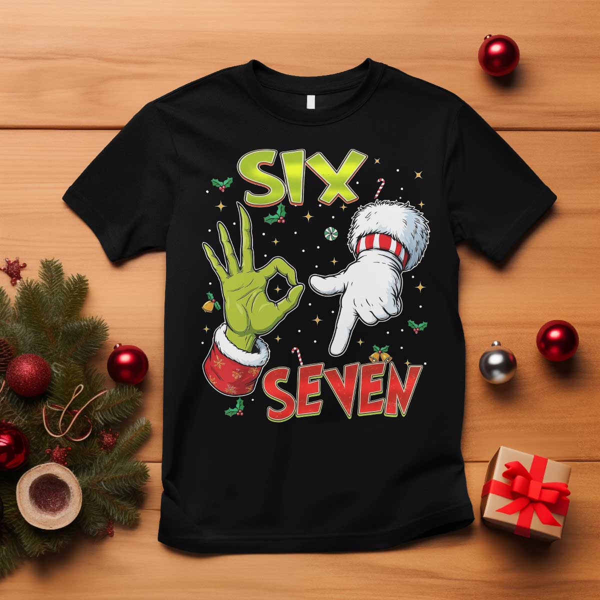 Funny Six Seven Christmas T Shirt 67 Meme Xmas Santa Elf Hand Gen Alpha - Wonder Print Shop