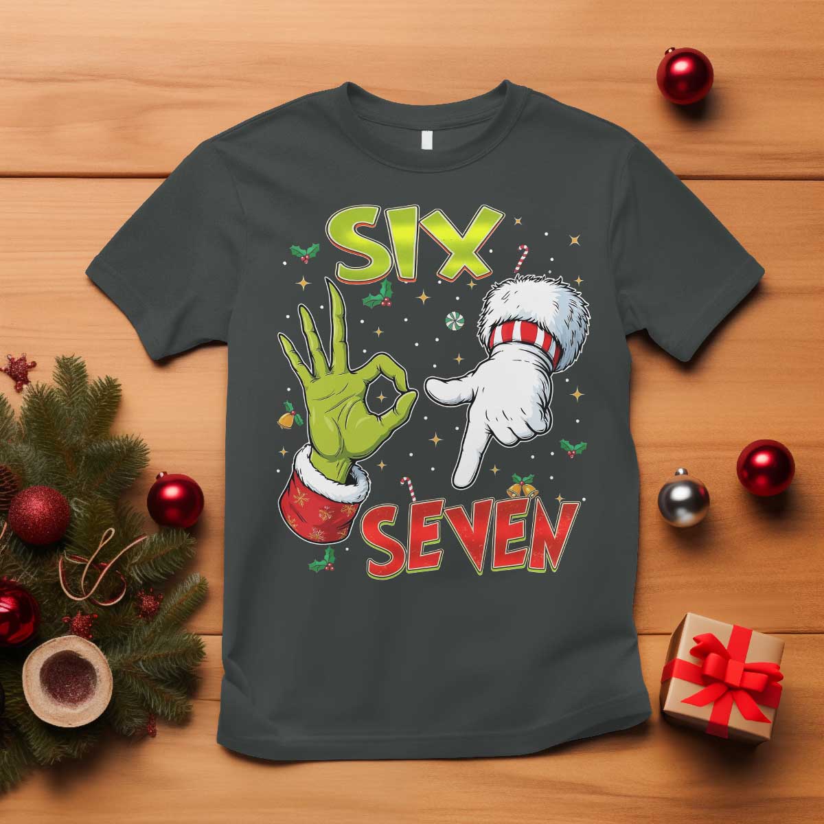 Funny Six Seven Christmas T Shirt 67 Meme Xmas Santa Elf Hand Gen Alpha - Wonder Print Shop