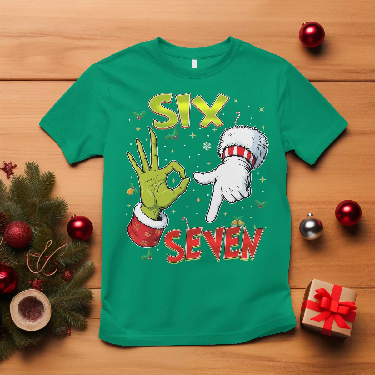 Funny Six Seven Christmas T Shirt 67 Meme Xmas Santa Elf Hand Gen Alpha - Wonder Print Shop